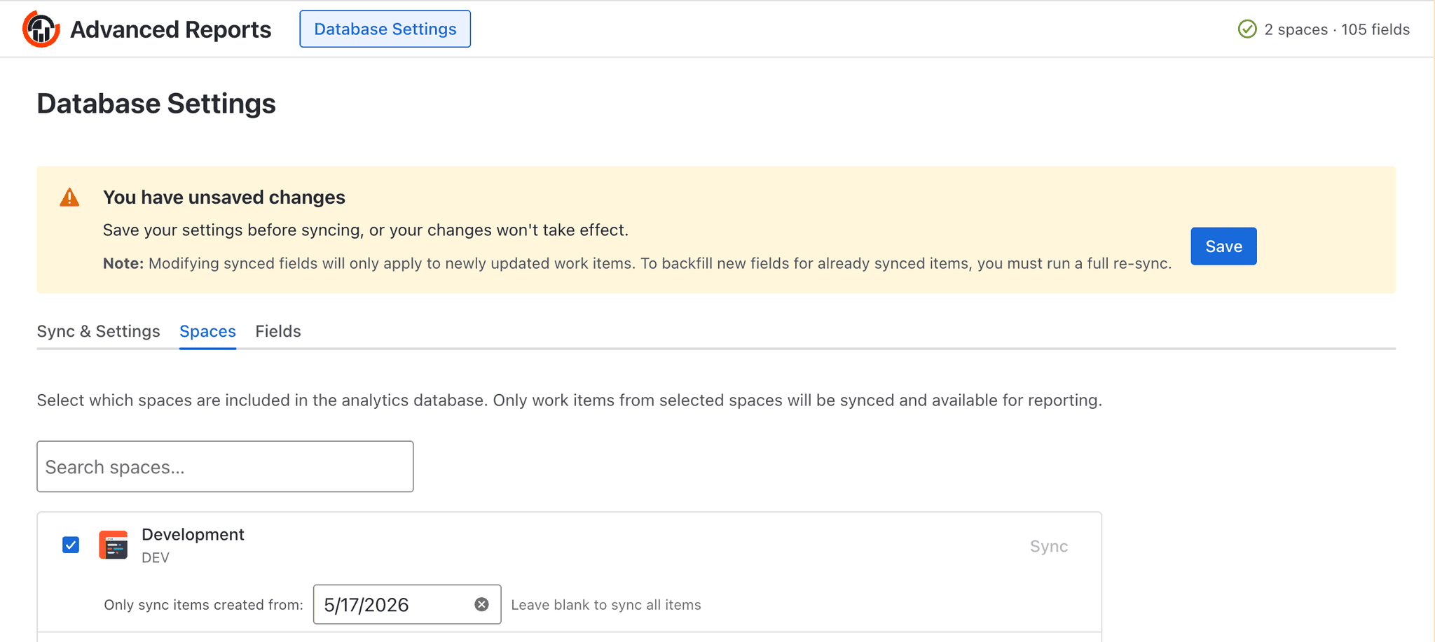Database Settings — Spaces tab