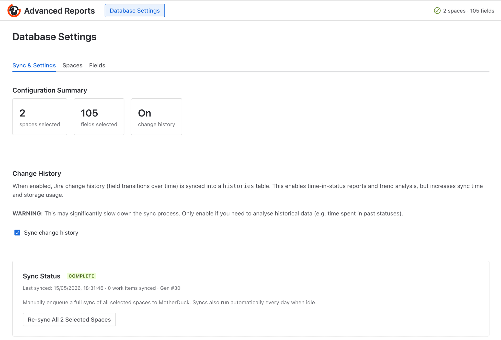 Database Settings — Sync & Settings overview