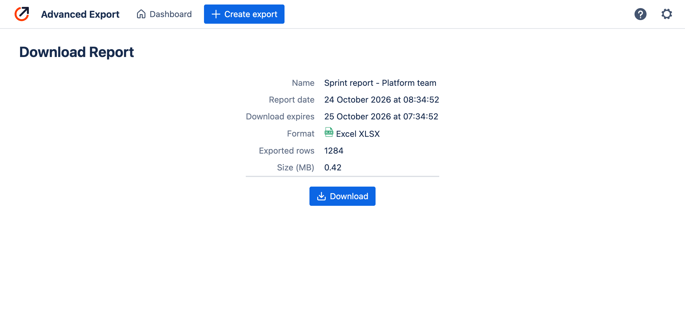 The download report page