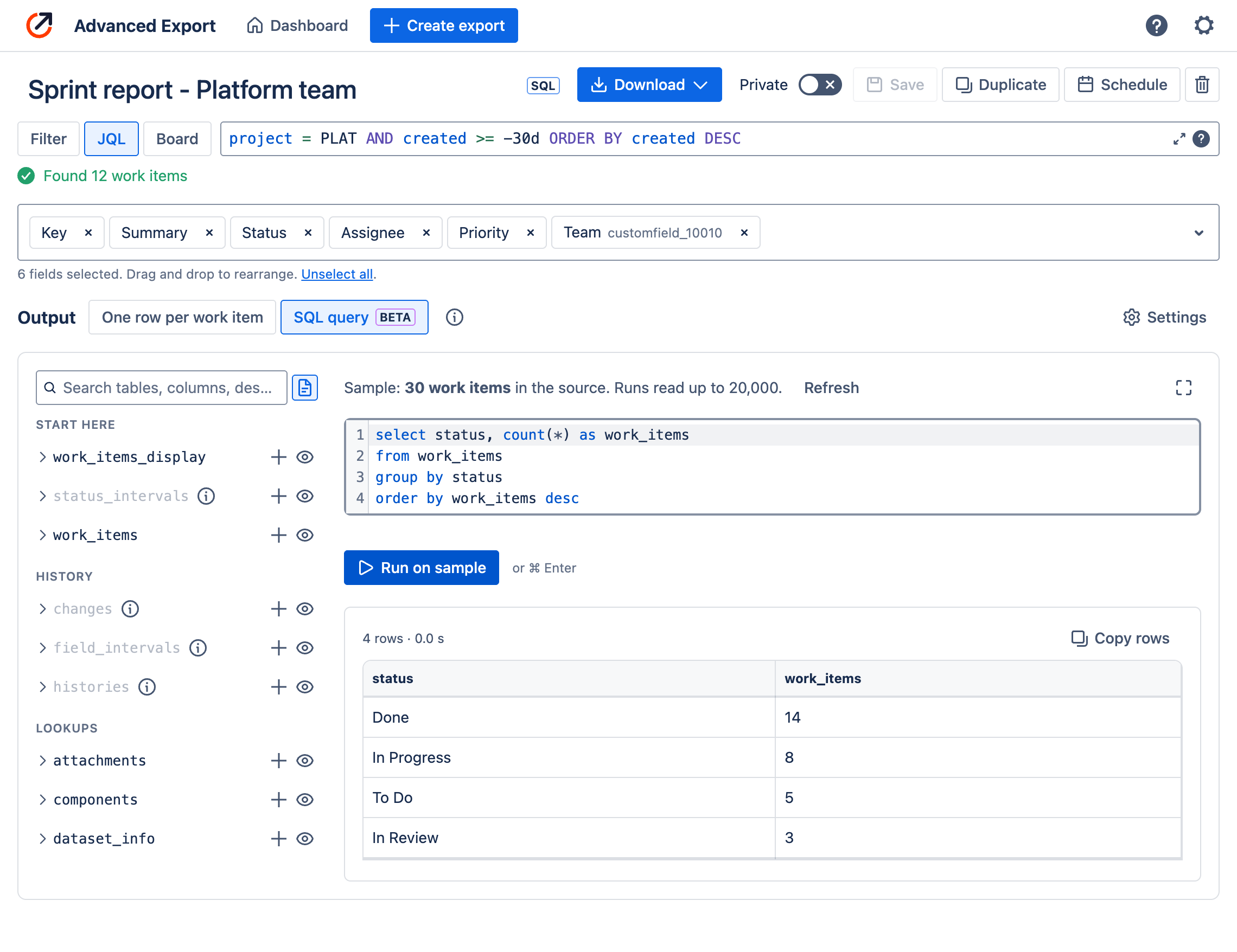 The SQL query view in the export editor