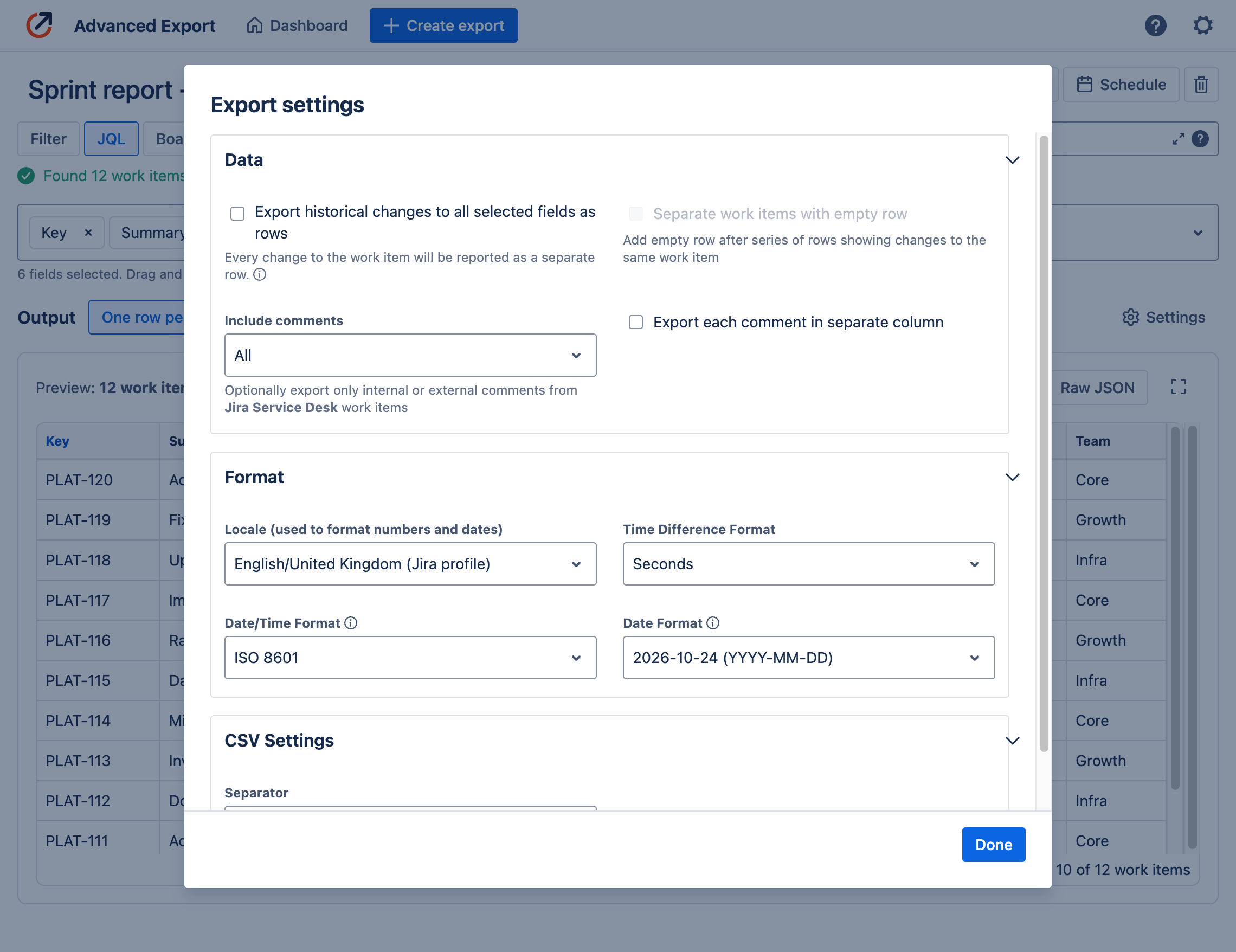 Export settings