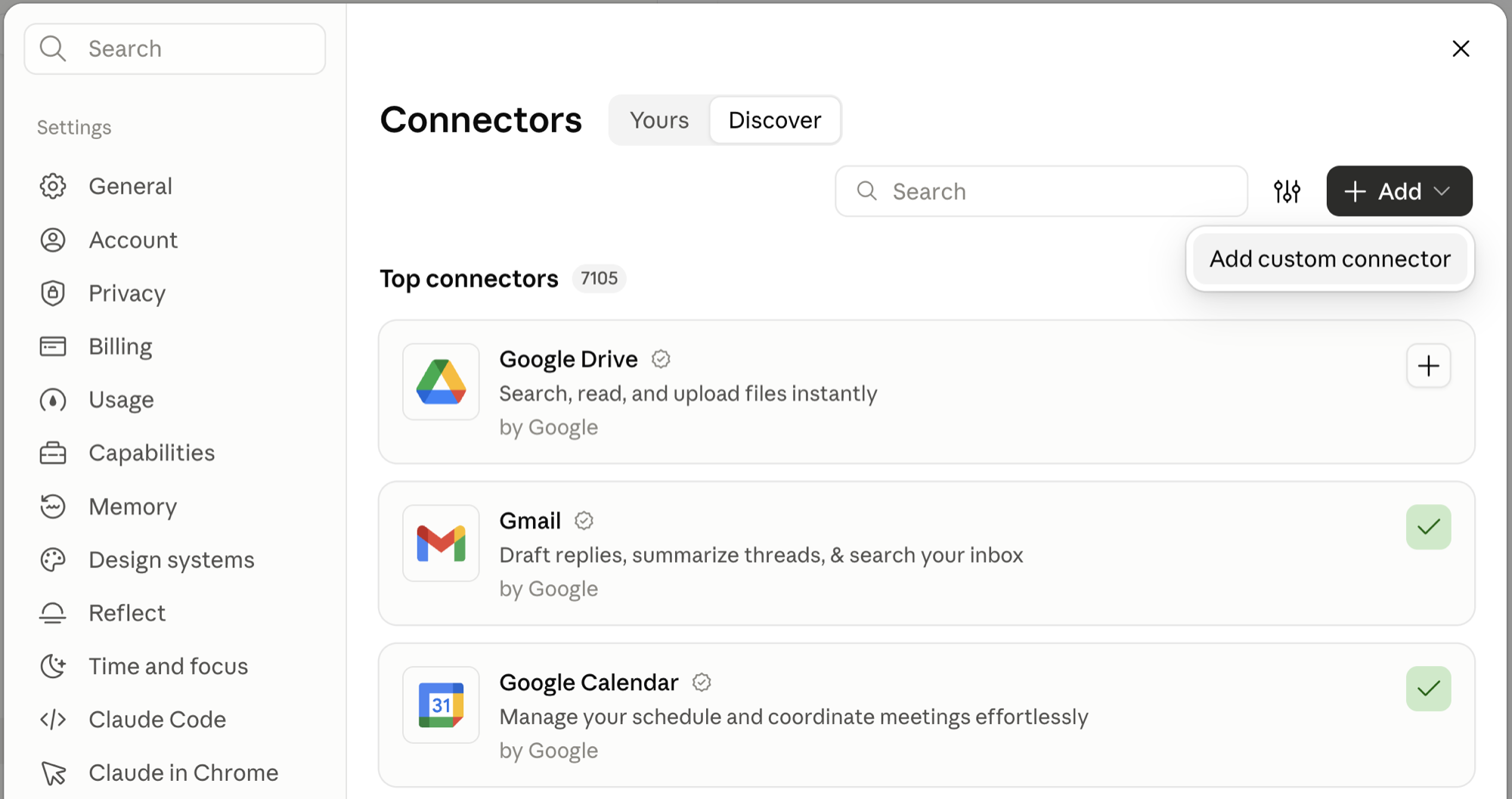 Add custom connector in Claude’s Connectors settings