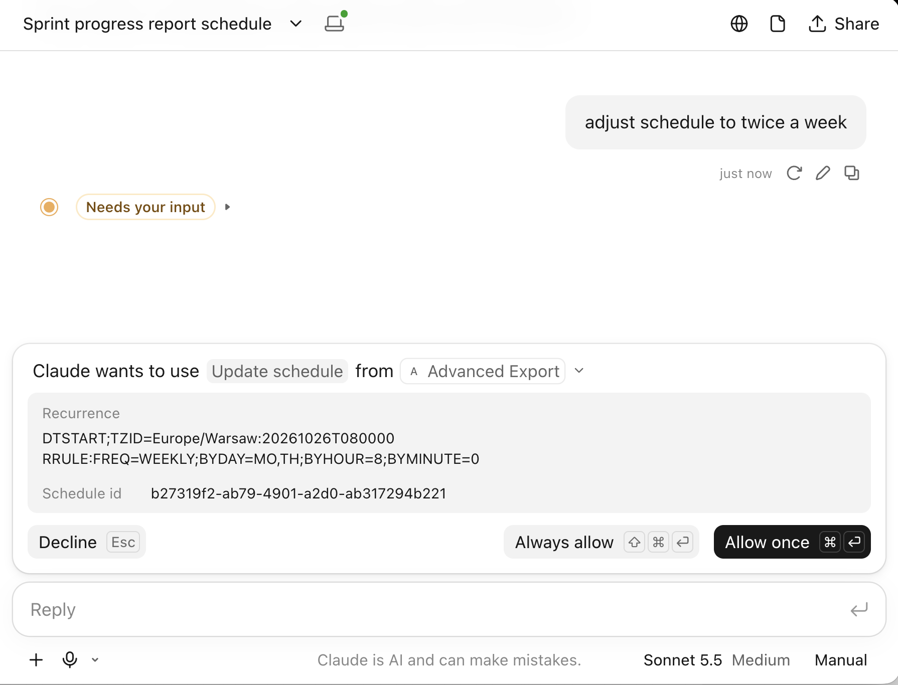 Claude asking for approval before updating a schedule