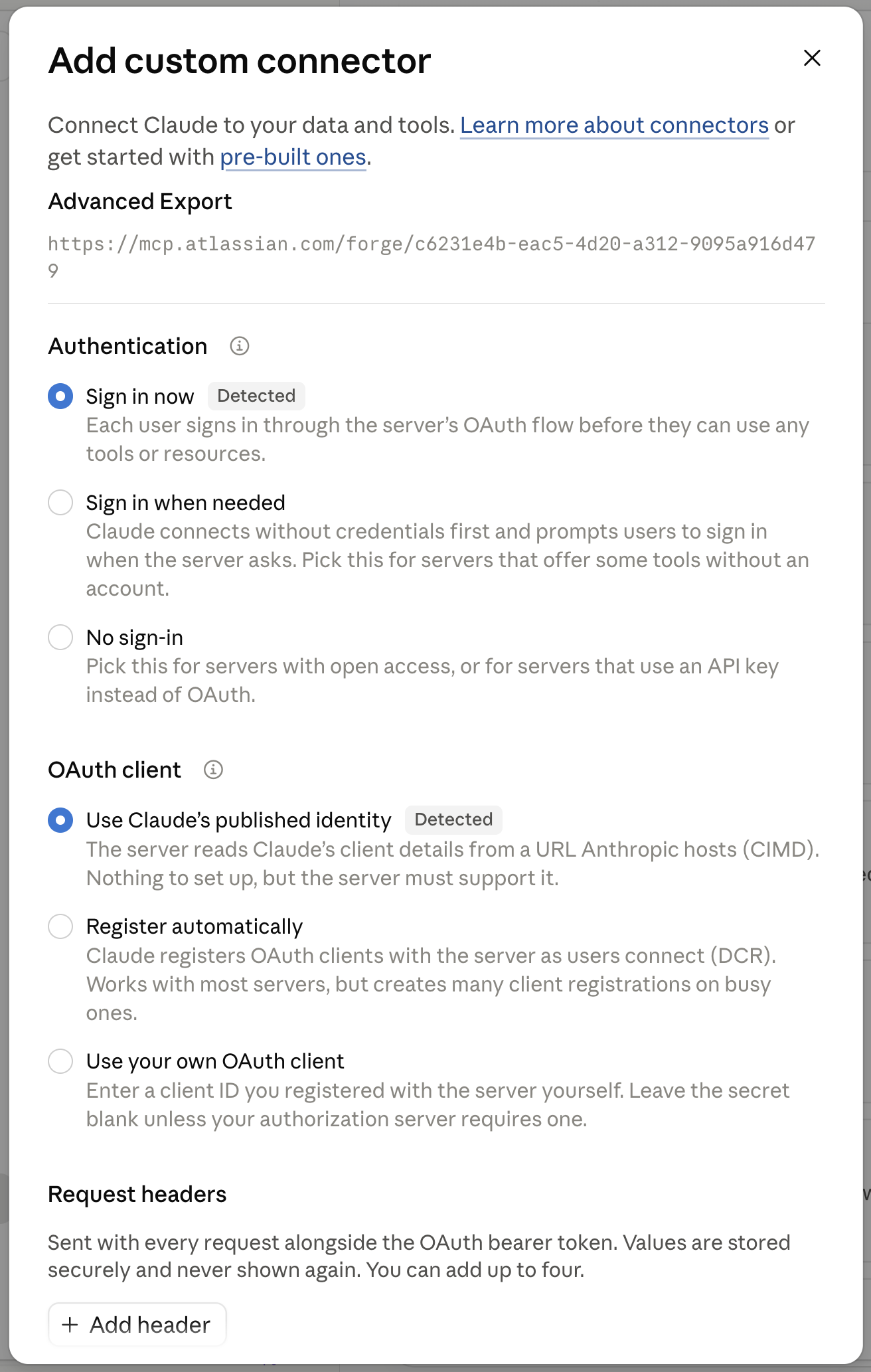 Claude’s detected sign-in options