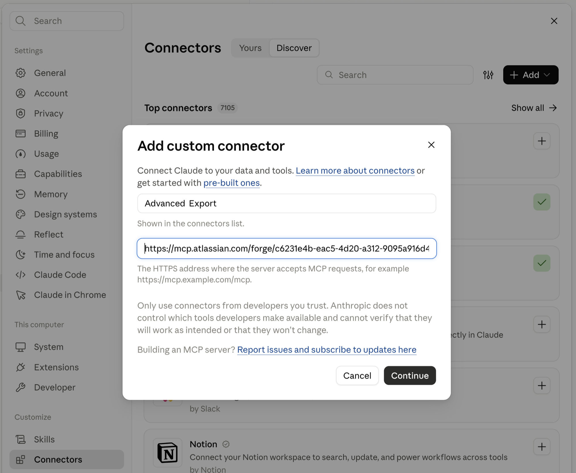 Name and server address of the custom connector