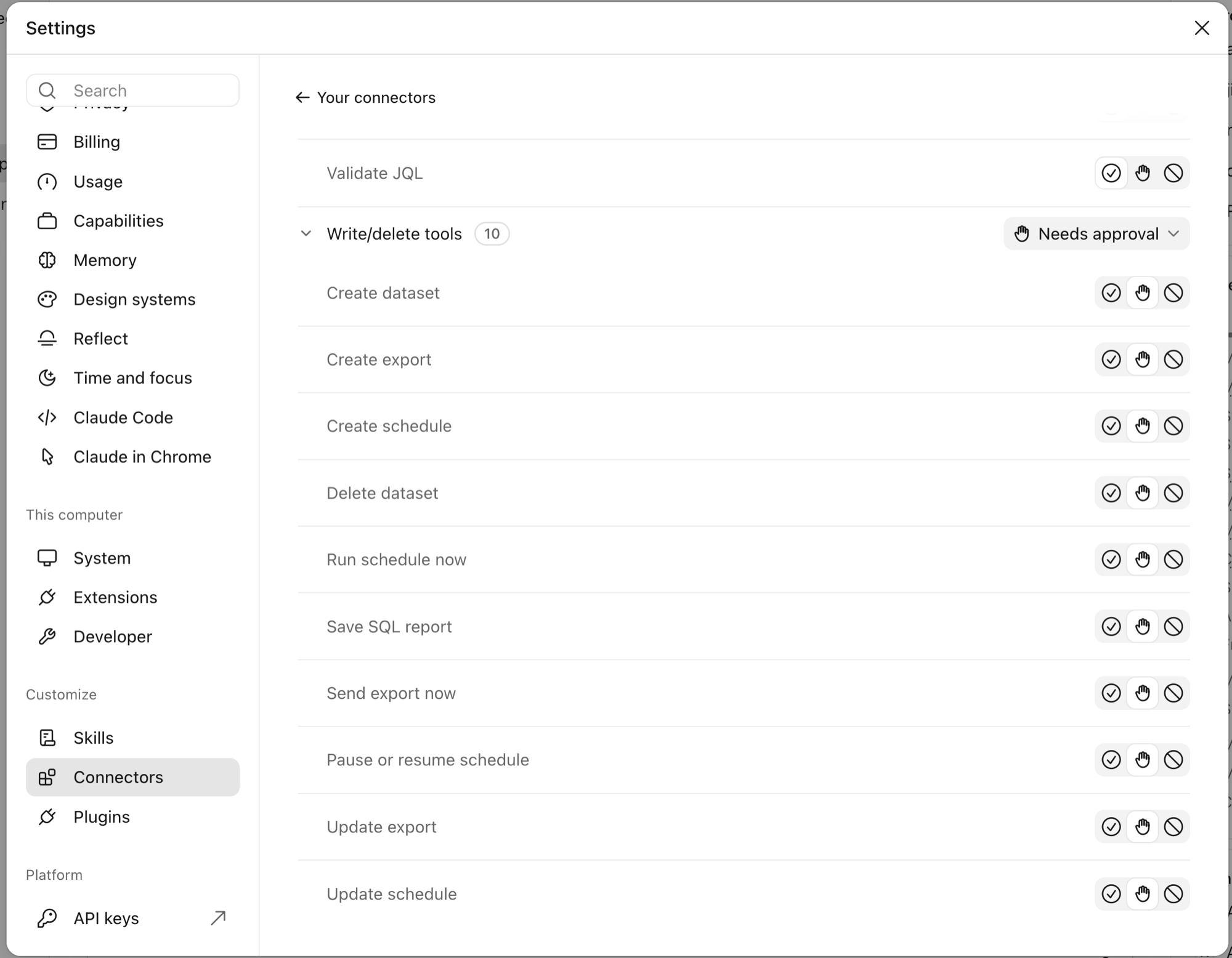 Claude’s write/delete tools set to Needs approval