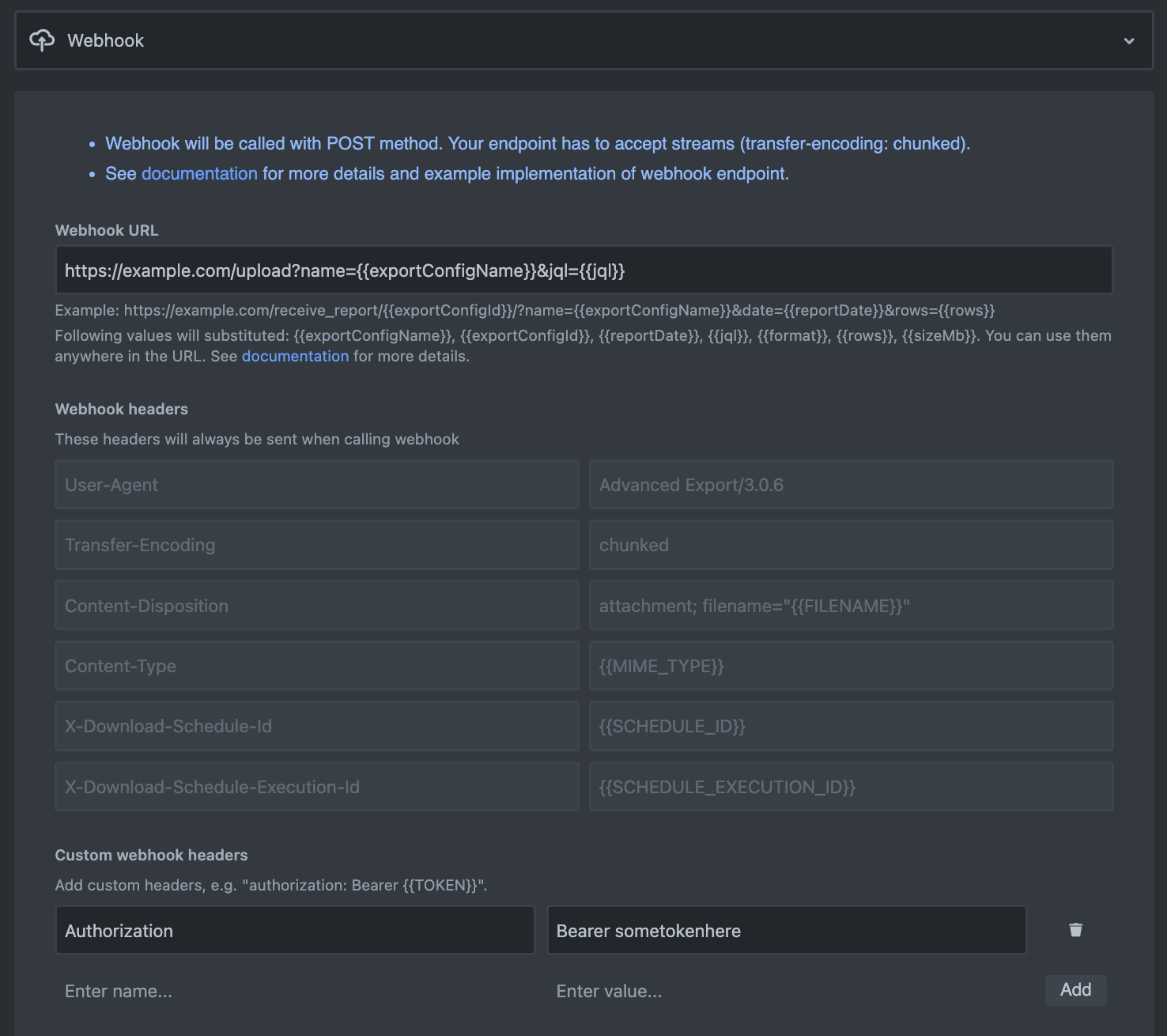 Options for delivering report via webhook POST request