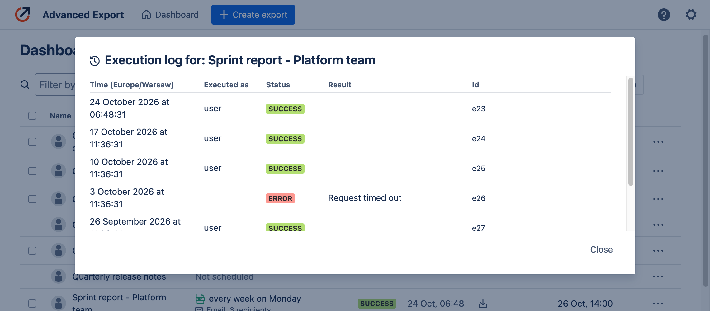 Execution log