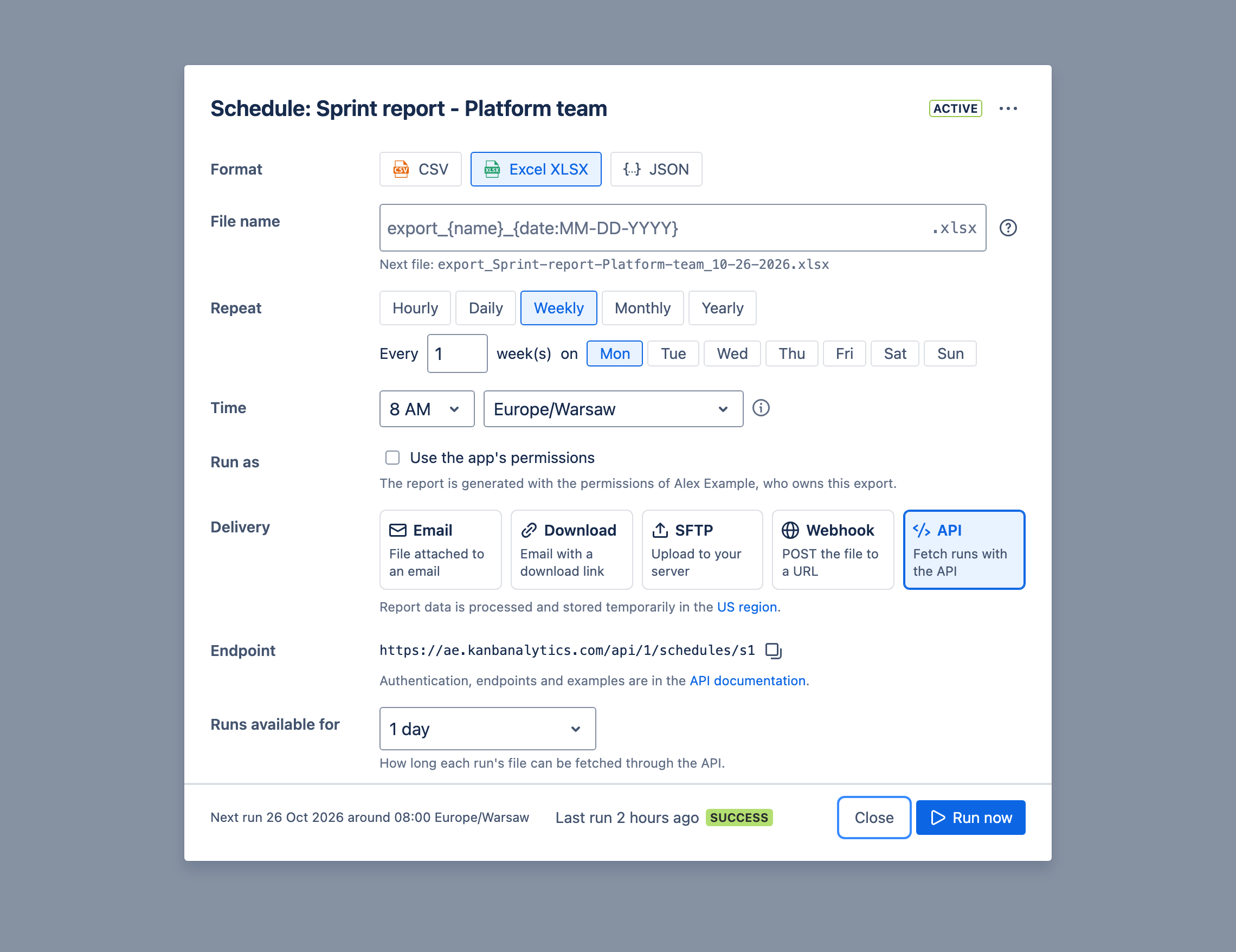 API delivery in the schedule dialog