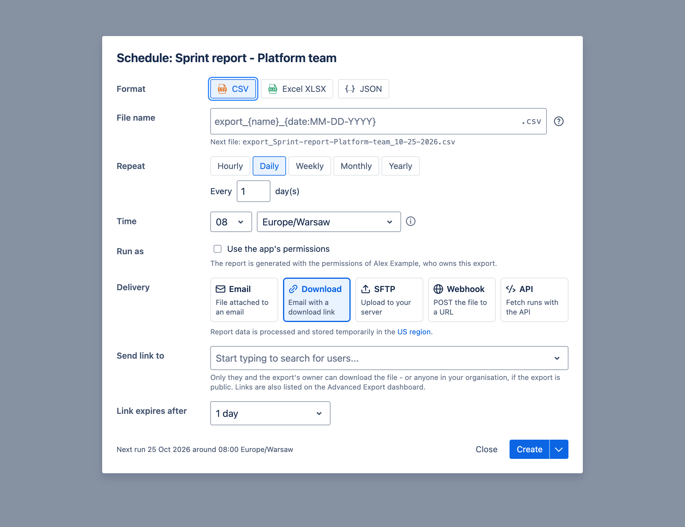 The schedule dialog with a download link delivery