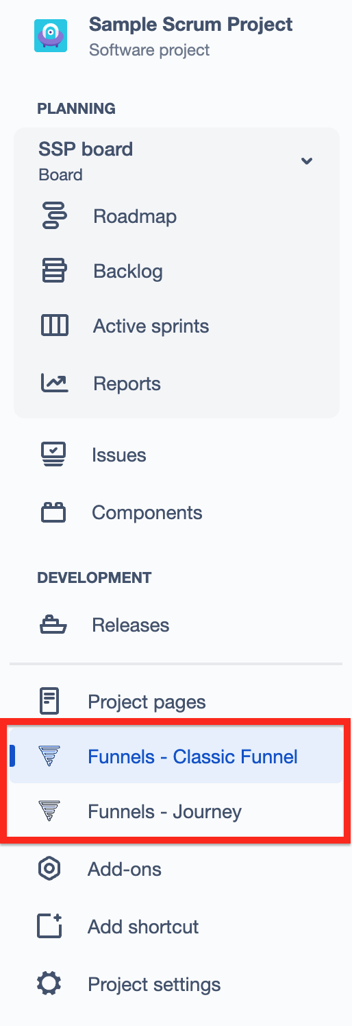 Funnel views options in project menu