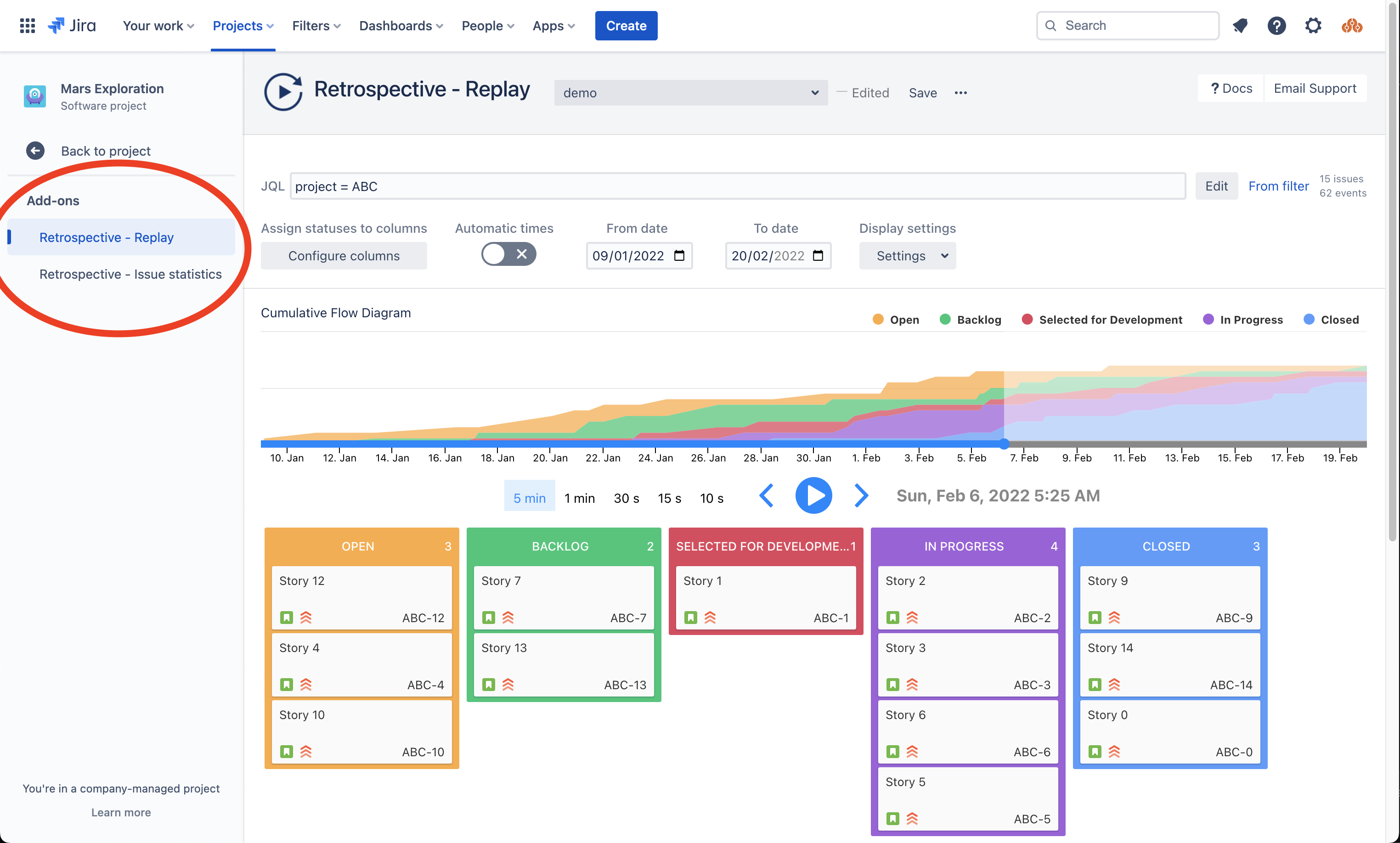Add-ons in the project view